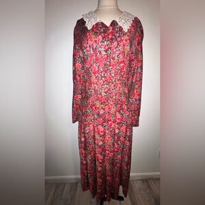 Vintage Laura Ashley Sz 10 Floral Cottagecore Long Sleeve Dress Lace Collar Red